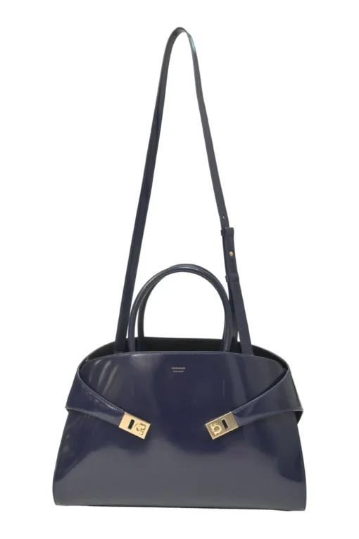 Navy leather medium Hug top handle bag with detachable shoulder strap