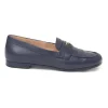 Navy leather penny-style slip-on loafers featuring silver-finish metallic Coco Mark plaque