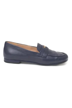 Navy leather penny-style slip-on loafers featuring silver-finish metallic Coco Mark plaque