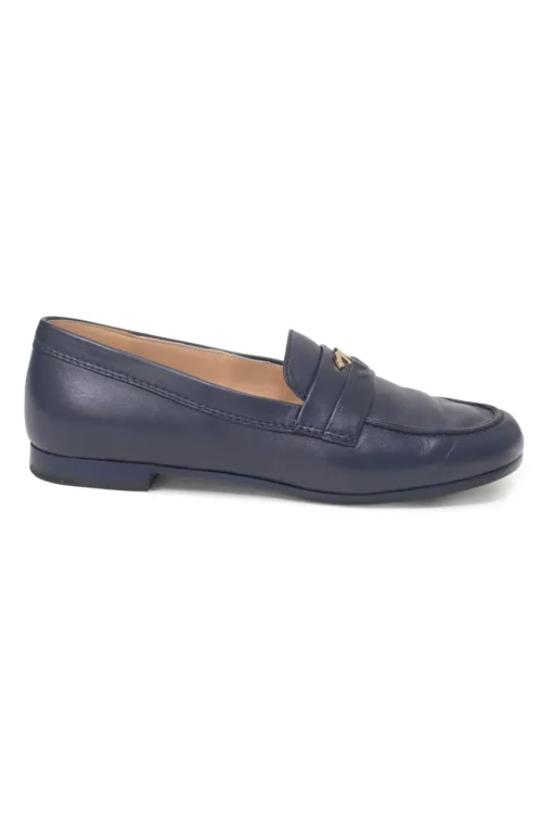 Navy leather penny-style slip-on loafers featuring silver-finish metallic Coco Mark plaque