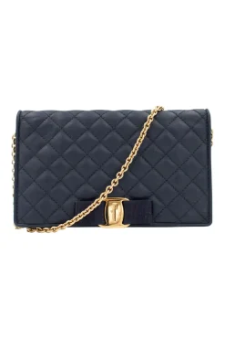 Navy leather puffed cross-body bag with gold tone chain
