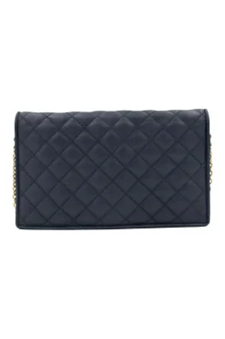 Navy leather puffed cross-body bag with gold tone chain