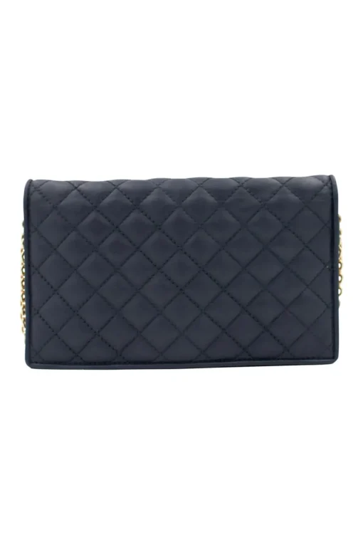 Navy leather puffed cross-body bag with gold tone chain