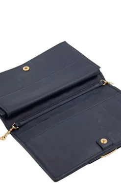 Navy leather puffed cross-body bag with gold tone chain