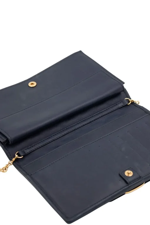 Navy leather puffed cross-body bag with gold tone chain