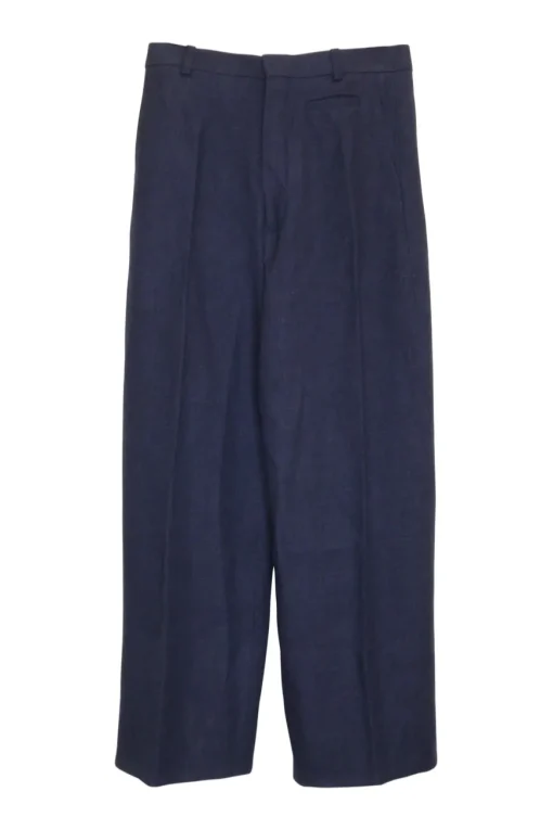 Navy linen-blend pull-on high-rise straight-leg pleated trousers with slanted hip and front ticket pocket