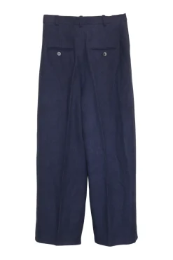 Navy linen-blend pull-on high-rise straight-leg pleated trousers with slanted hip and front ticket pocket