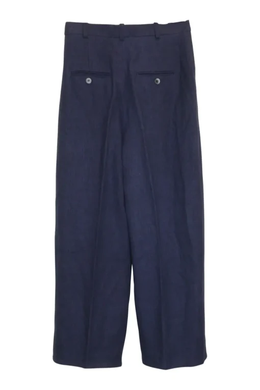 Navy linen-blend pull-on high-rise straight-leg pleated trousers with slanted hip and front ticket pocket
