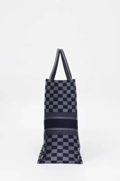 Navy logo-embroidered checkered canvas jacquard book tote