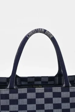 Navy logo-embroidered checkered canvas jacquard book tote