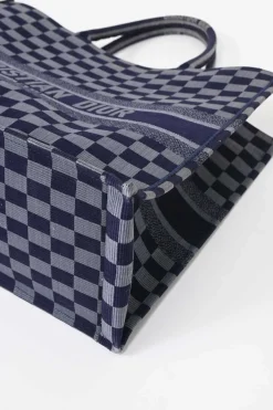 Navy logo-embroidered checkered canvas jacquard book tote