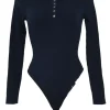 Navy merino micro-rib half-button collared polo-style bodysuit