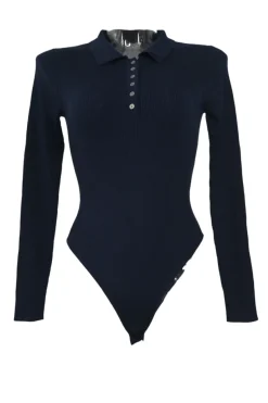 Navy merino micro-rib half-button collared polo-style bodysuit