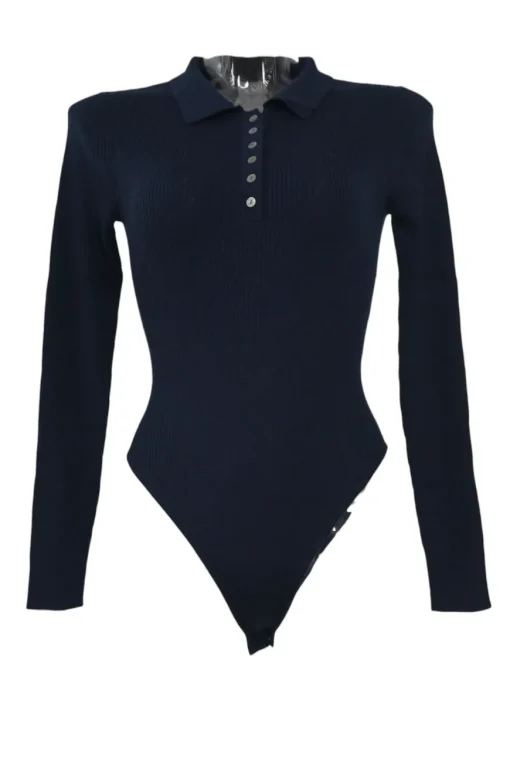 Navy merino micro-rib half-button collared polo-style bodysuit