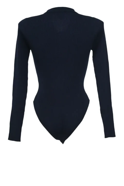 Navy merino micro-rib half-button collared polo-style bodysuit