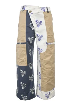 Navy paneled cotton-blend flower pot print criss-cross cargo pants with reinforced front panels