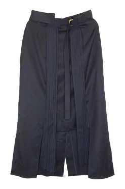 Navy paneled wool-blend belted A-line midi skirt with pleated details