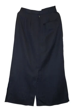 Navy paneled wool-blend belted A-line midi skirt with pleated details