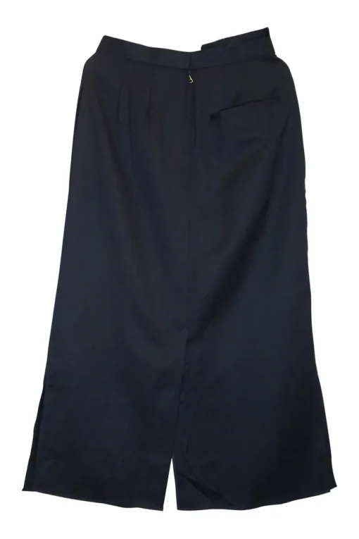 Navy paneled wool-blend belted A-line midi skirt with pleated details