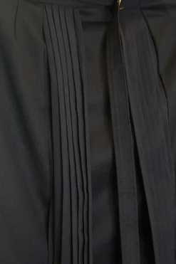 Navy paneled wool-blend belted A-line midi skirt with pleated details
