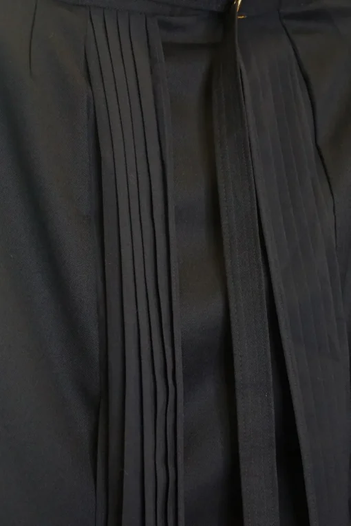 Navy paneled wool-blend belted A-line midi skirt with pleated details