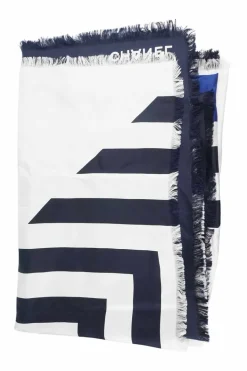 Navy patterned on white silk scarf with red CC logo