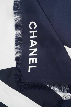 Navy patterned on white silk scarf with red CC logo