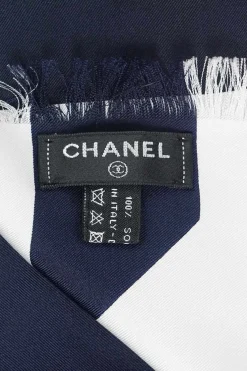 Navy patterned on white silk scarf with red CC logo