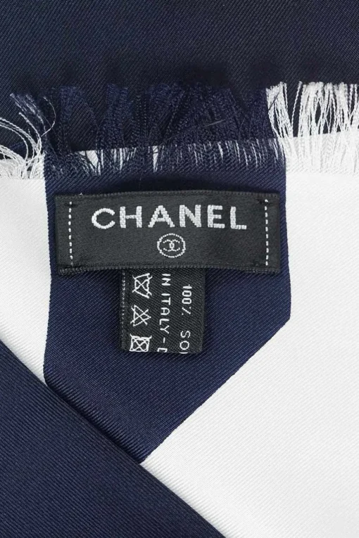 Navy patterned on white silk scarf with red CC logo