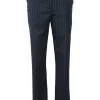 Navy pinstripe wool pull-on low-rise skinny flare tailored trousers