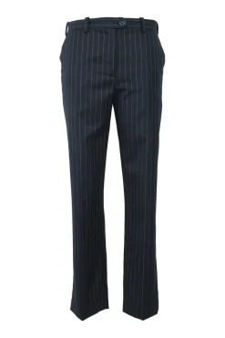 Navy pinstripe wool pull-on low-rise skinny flare tailored trousers