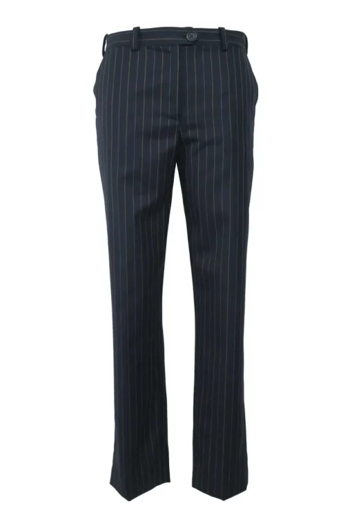 Navy pinstripe wool pull-on low-rise skinny flare tailored trousers