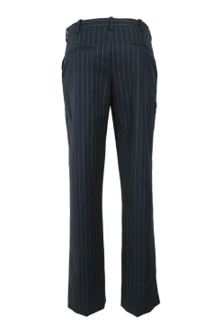 Navy pinstripe wool pull-on low-rise skinny flare tailored trousers