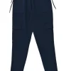 Navy polyester pull-on cargo joggers with ribbon-tie drawstring waist and cuffs