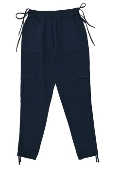 Navy polyester pull-on cargo joggers with ribbon-tie drawstring waist and cuffs