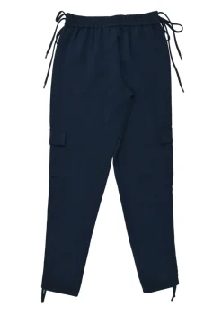 Navy polyester pull-on cargo joggers with ribbon-tie drawstring waist and cuffs