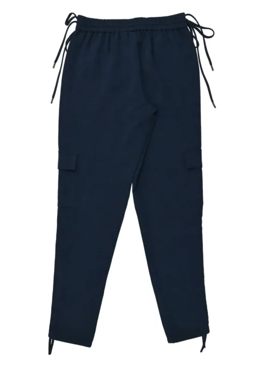 Navy polyester pull-on cargo joggers with ribbon-tie drawstring waist and cuffs