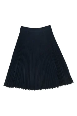 Navy polyester twill plissé A-line skirt with belt loop waistband