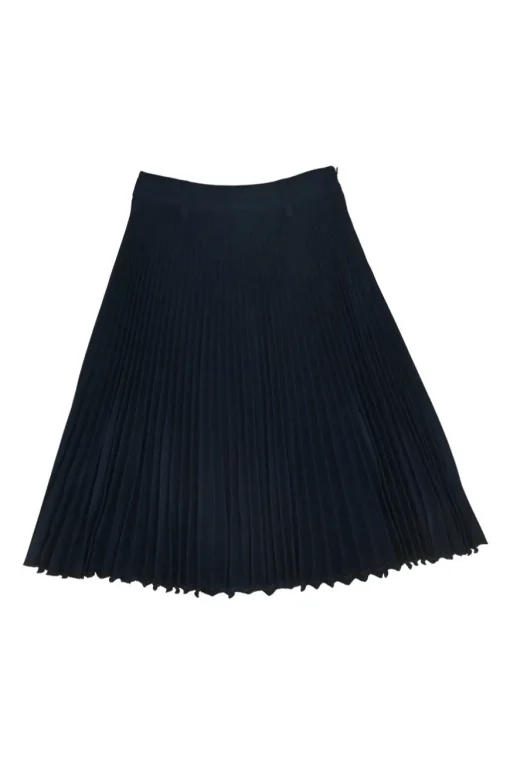 Navy polyester twill plissé A-line skirt with belt loop waistband