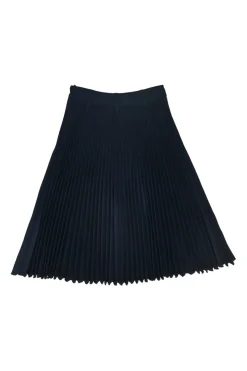 Navy polyester twill plissé A-line skirt with belt loop waistband