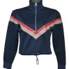 Navy polyester-blend funnel collar half-zip pullover cropped track top with toggle waist