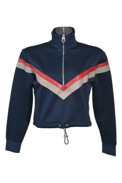 Navy polyester-blend funnel collar half-zip pullover cropped track top with toggle waist