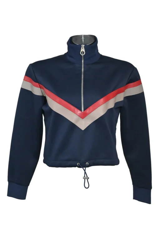 Navy polyester-blend funnel collar half-zip pullover cropped track top with toggle waist