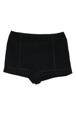 Navy polyester-blend high-rise mini shorts with contrast piping details