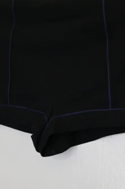 Navy polyester-blend high-rise mini shorts with contrast piping details