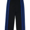 Navy polyester-wool blend pull-on high-rise straight leg side stripe tailored trousers with
