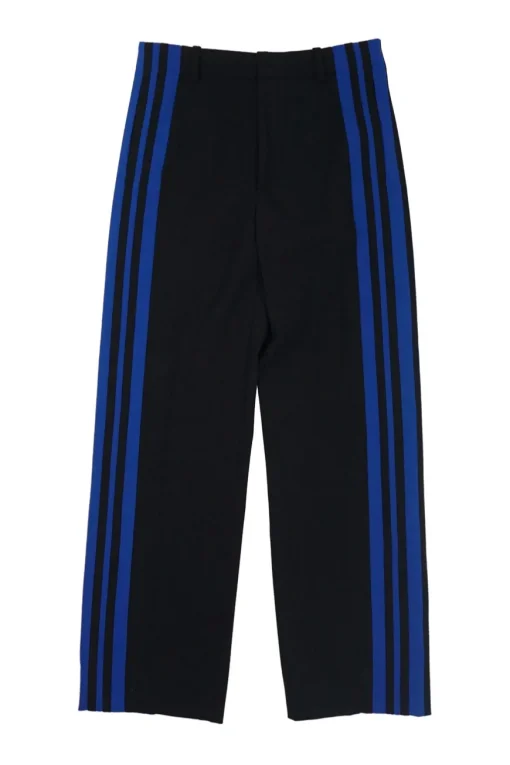 Navy polyester-wool blend pull-on high-rise straight leg side stripe tailored trousers with