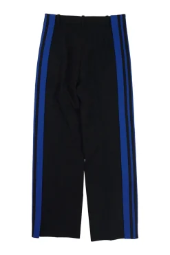 Navy polyester-wool blend pull-on high-rise straight leg side stripe tailored trousers with
