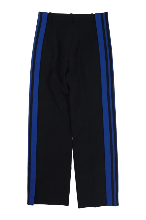 Navy polyester-wool blend pull-on high-rise straight leg side stripe tailored trousers with
