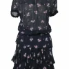 Navy raw-edge viscose floral print short sleeve peplum blouse and pull-on tiered ruffle mini skirt two-piece set